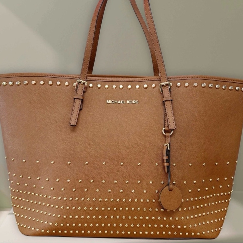 Michael Kors Jet Set Gold Studded Brown Leather Tote Bag EUC